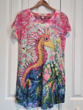 Leoma Lovegrove Seahorse Art Dress M Silky V-Neck Button Detail Coastal Beachy